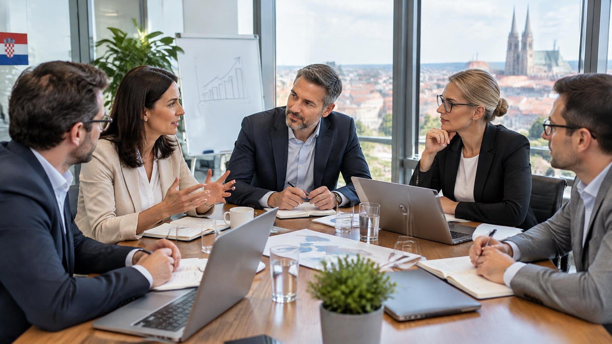 Business team discussing strategy at a table