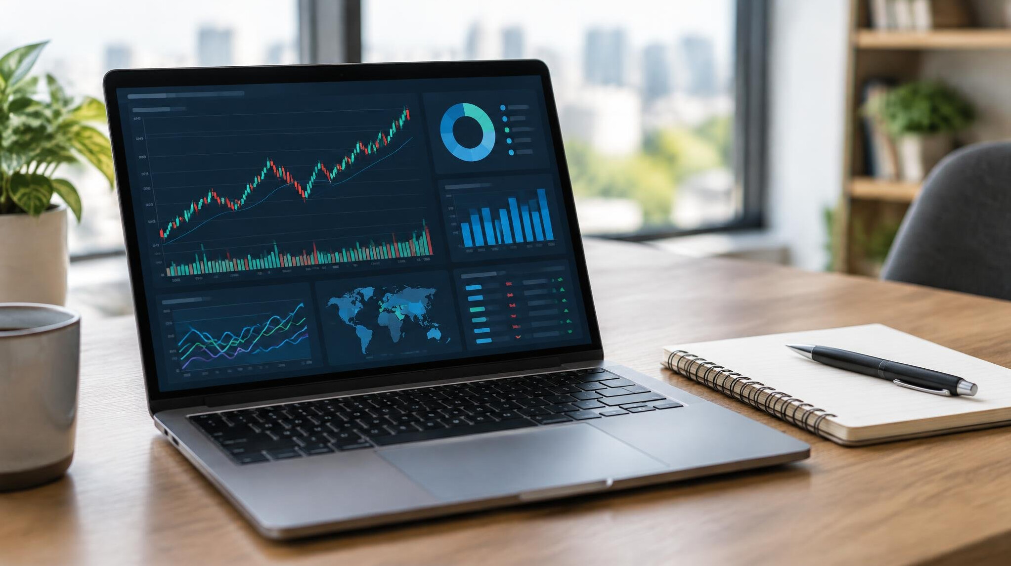 Laptop showing analytics charts on a desk